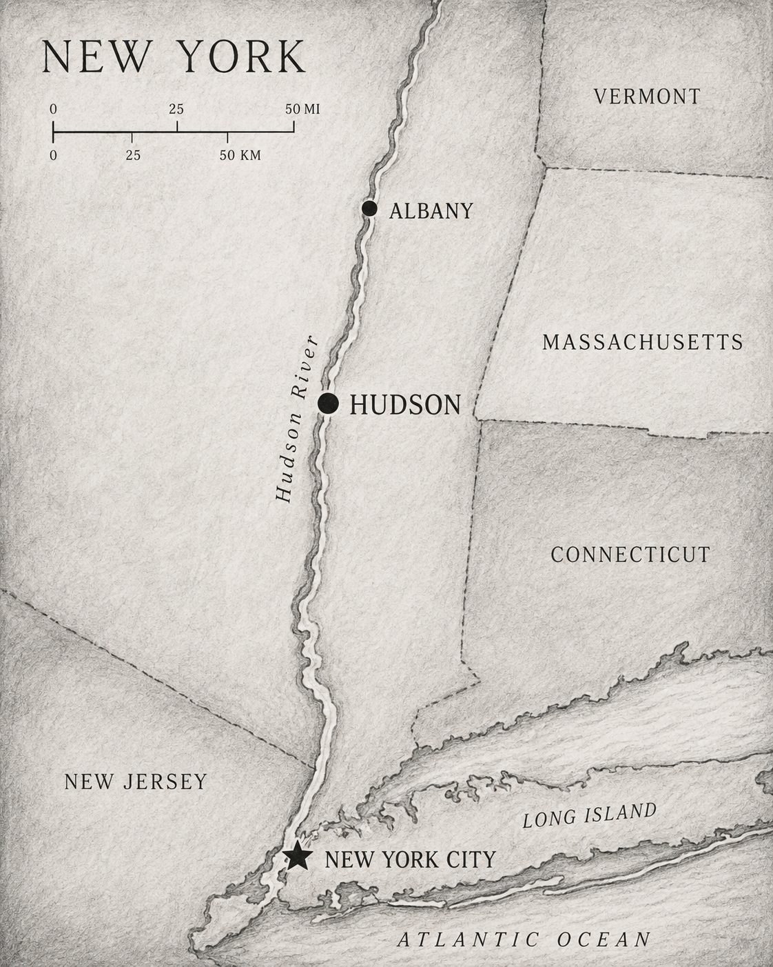 Illustrated map of New York State showing the Hudson River from Albany through Hudson to New York City.